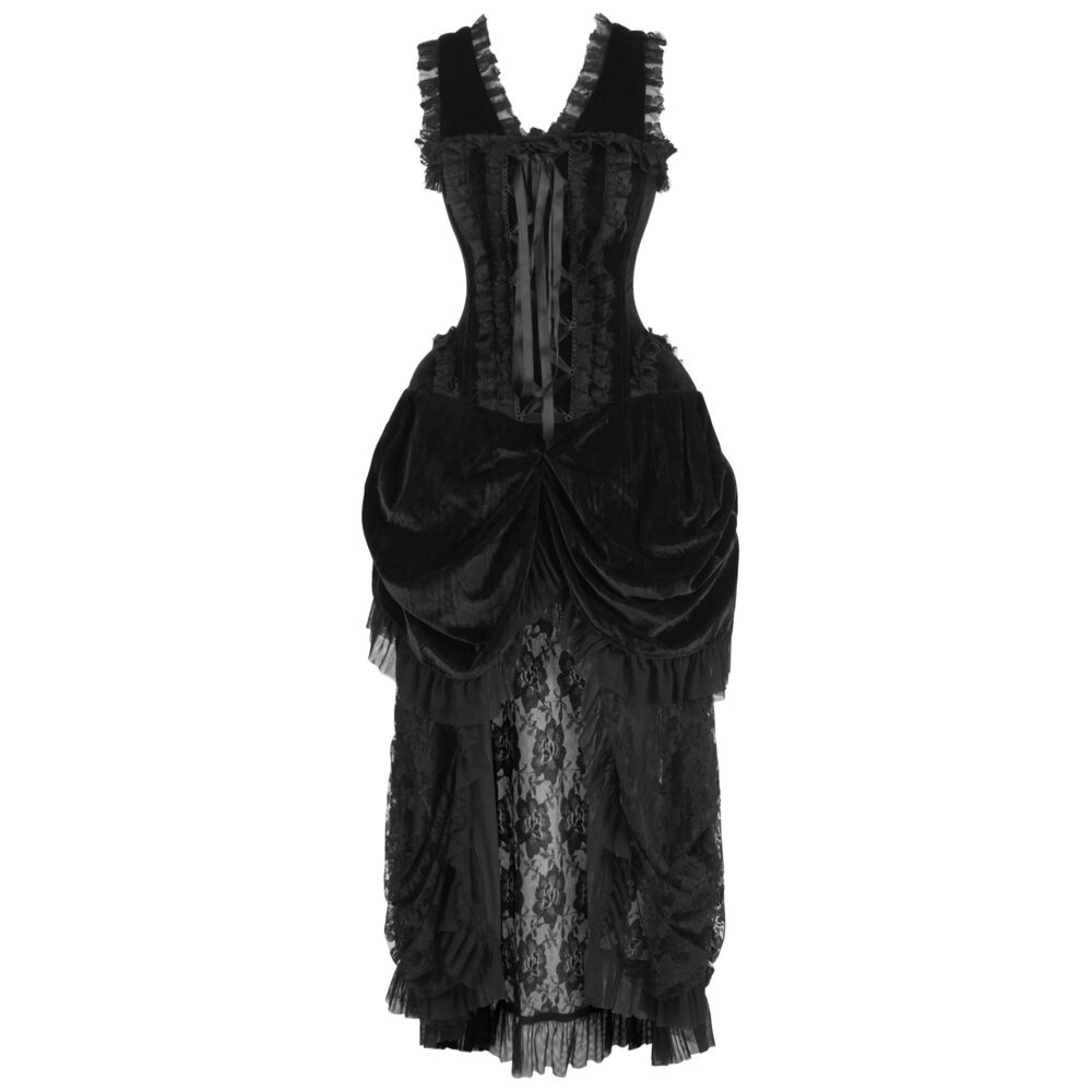 1606 Top Drawer Steel Boned Black Velvet Victorian Bustle Corset Dress